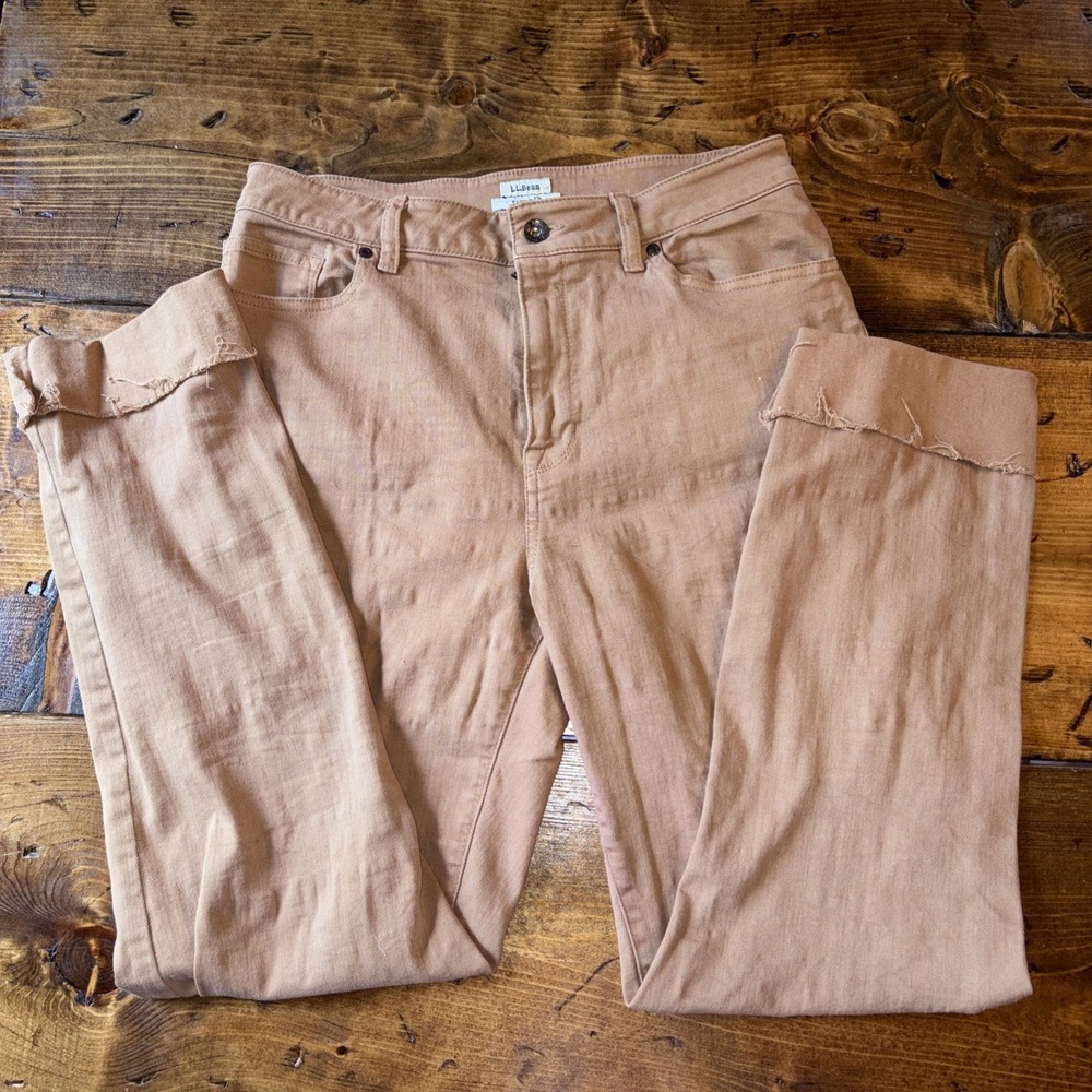 LL Bean Classic Fit Carmel Brown Stretch Jeans Raw Hem Womens 10